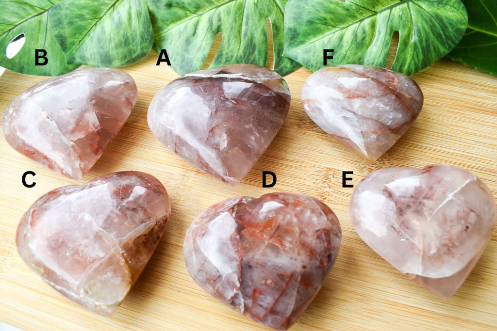 Seven polished gemstones on a wooden surface with green leaves in the background